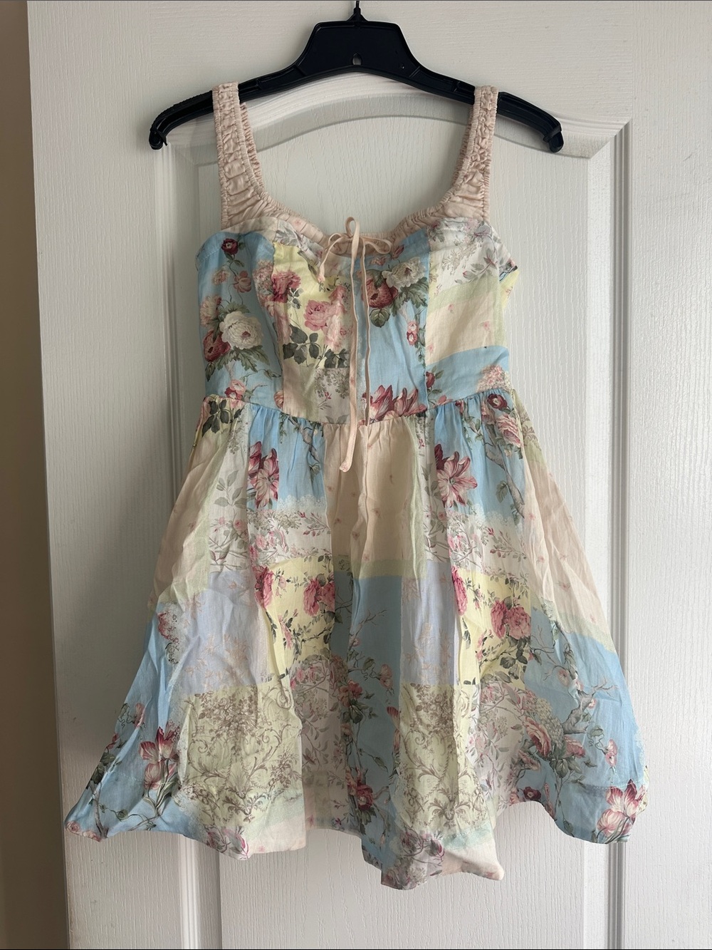 Women’s  Floral Sundress with Lace-Up Bodice - Pastel Blue & Cream